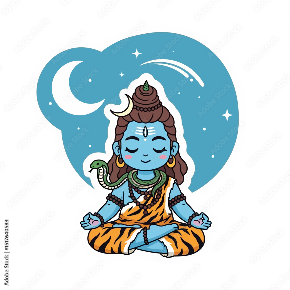 Illustration of a serene deity meditating under a crescent moon and stars in a peaceful night sky Illustration of a serene deity meditating under a crescent moon and stars in a peaceful night sky