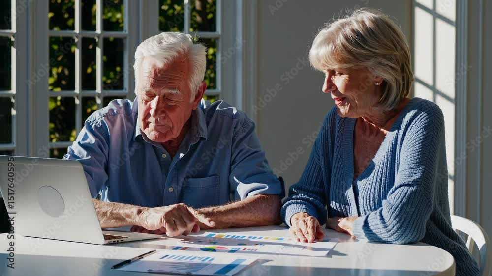 Seniors couple discussing financial plans while reviewing documents at a bright table during the afternoon Seniors couple discussing financial plans while reviewing documents at a bright table during the afternoon