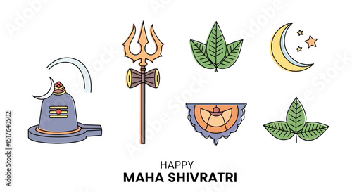 Illustration of traditional Hindu symbols and elements celebrating the festival of Maha Shivratri with religious motifs
