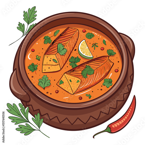 A vibrant, close-up shot of a fragrant fish curry simmering in a rustic clay pot, garnished with fresh coriander leaves.