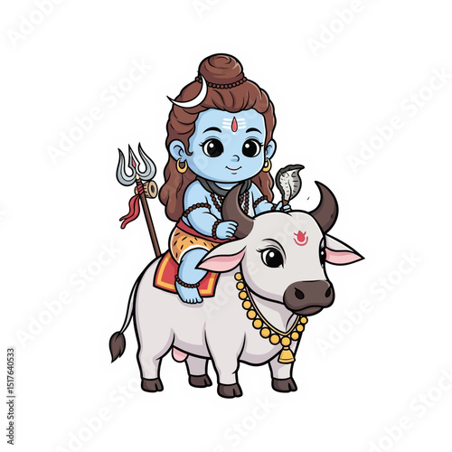 Cute cartoon illustration of baby lord shiva riding a sacred white bull with trident and bird