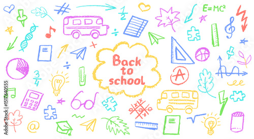 Charcoal school doodles on blackboard background. Fun hand-drawn icons for back to school themes. Cute childish education colorful pastel wax pencil signs. Grunge vector illustration classroom symbols