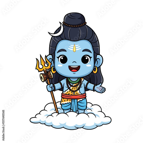 Cute cartoon depiction of the Hindu god shiva standing on a cloud with trident and joyful expression