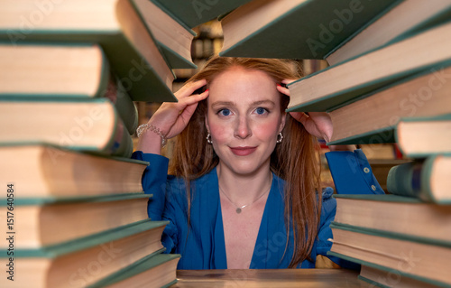 Attractive young woman seen through stack of books in library photo