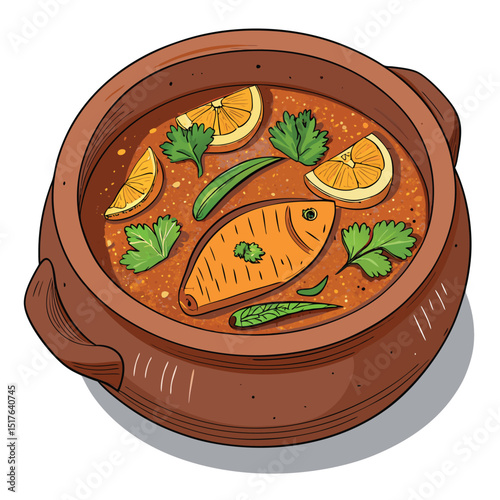 Aromatic fish curry simmering in a rustic clay pot, garnished with fresh coriander leaves.  Close-up, detailed shot highlighting the texture and vibrant colors.