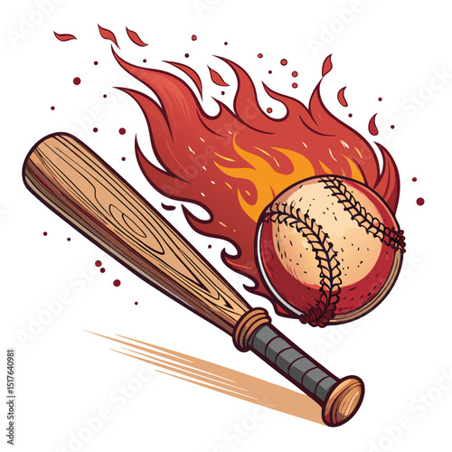 A fiery sphere, intensely ablaze, violently shatters a weathered wooden baseball bat emblem, splintering wood against a dark background.