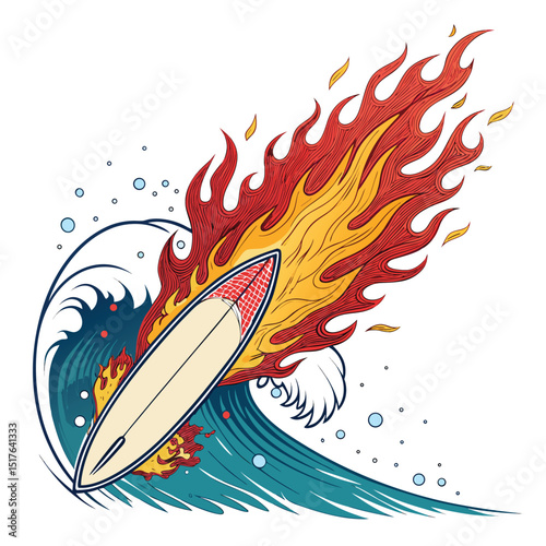 A fiery surfboard, engulfed in flames, launches skyward from a massive ocean wave, backlit by a vibrant sunset.