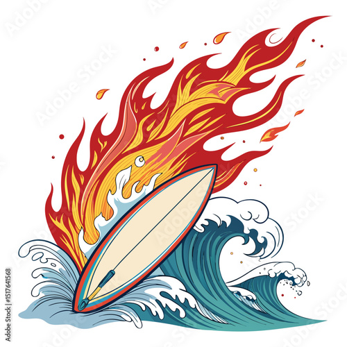 A fiery surfboard, engulfed in flames, launches from a colossal ocean wave, fiery particles trailing behind.