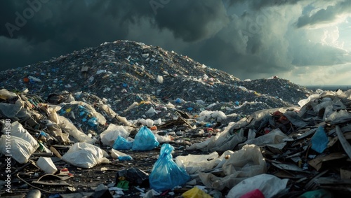 Garbage dump pile in trash landfill with truck unloading municipal waste on white background