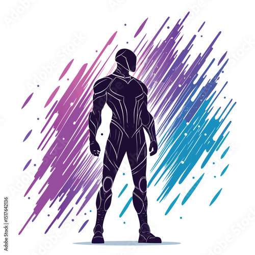 Generate a full-body cyborg silhouette against a dark background, showcasing a vibrant data stream flowing from its back.  Emphasis on detailed, futuristic design.