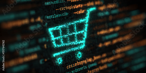 Teal shopping cart icon formed by glowing pixels on dark digital code background, symbolizing online shopping, e-commerce, and digital technology