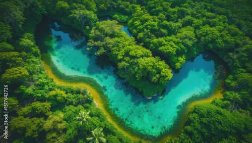 Aerial perspective of lush mangroves converging with the Godavari River near the Bay of Bengal in Andhra Pradesh, India