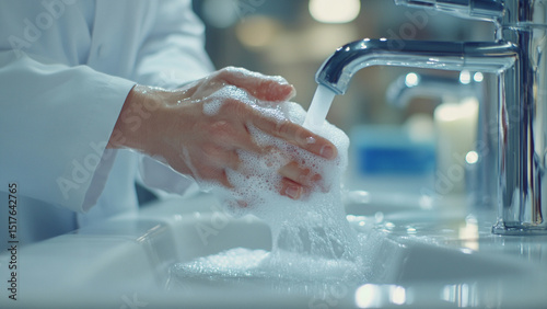 Close-Up of Medical Professional Washing Hands with Soap at Hospital Sink