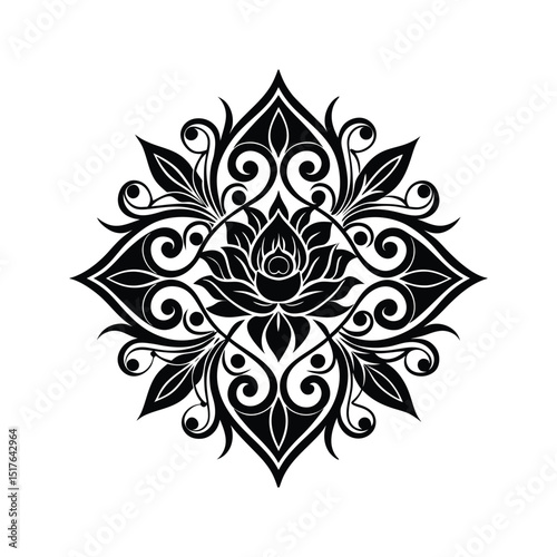 Elegant black and white floral mandala design featuring intricate swirls and detailed petals