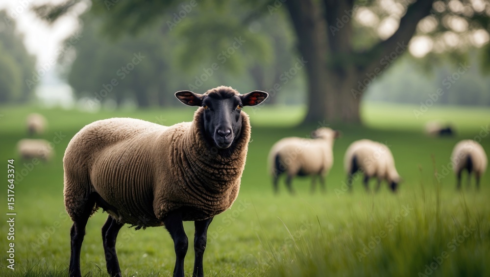 Obraz premium A sheep in a rural landscape with a tree in the background, showcasing domestic livestock and natural scenery.