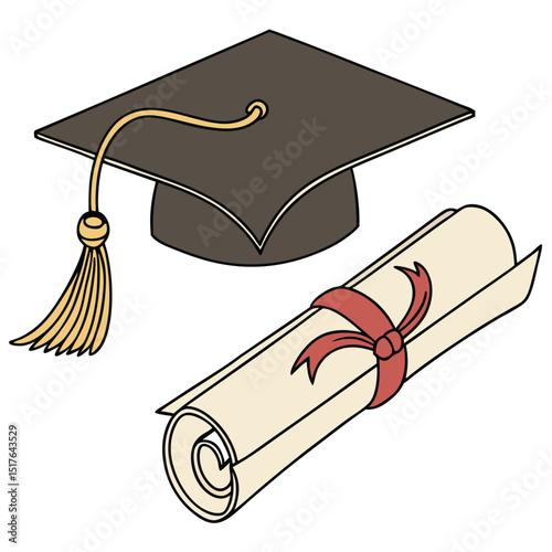 Illustration of a graduation cap with tassel and a diploma tied with a red ribbon bow