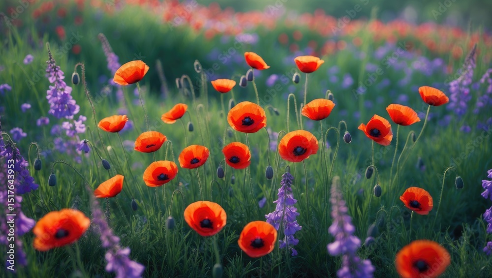 Obraz premium Beautiful landscape featuring red poppy flowers in a summer garden