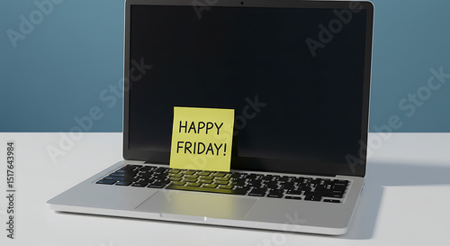 A laptop with a yellow sticky note on the screen displaying the text “HAPPY FRIDAY!”—perfect for office, work-from-home, or productivity-related content.

 photo