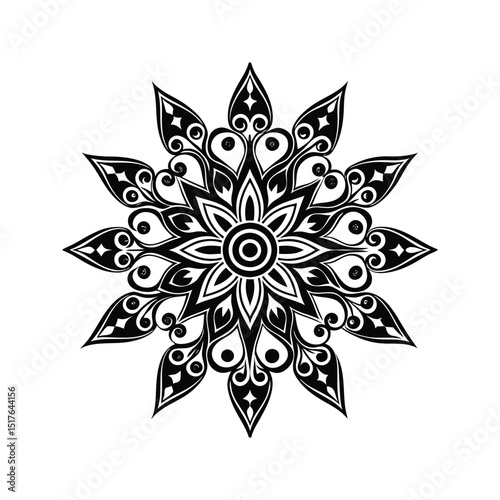 Elegant black and white floral mandala design with intricate decorative elements on white background