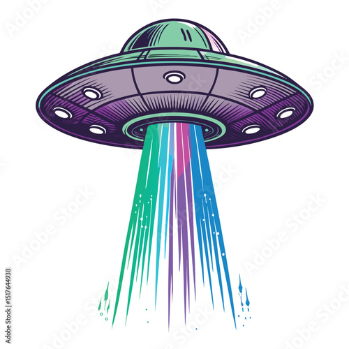 Render a glitching alien UFO, vibrant RGB trails streaming behind it,  set against a deep space backdrop.  Intricate detail is crucial.