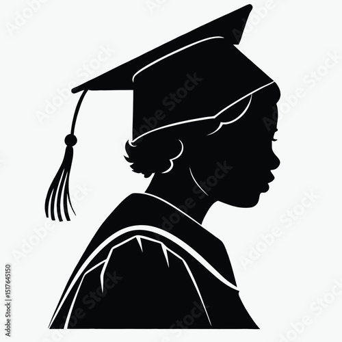 Silhouette of a graduate wearing a cap and gown in black and white profile on a white background
