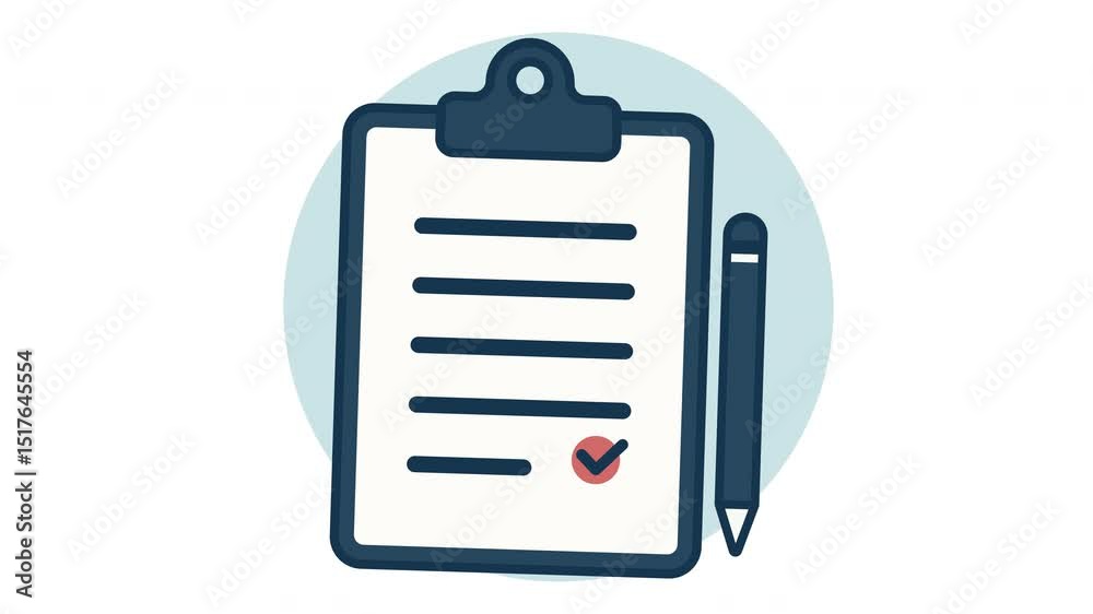 clipboard with document next to a pencil all against a light blue circle looping animation