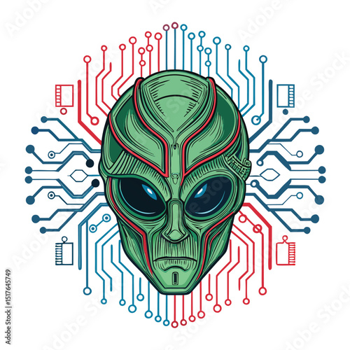 A futuristic alien mask, glitching with digital distortion, encircled by intricate glowing green circuits.  High detail, 8k resolution.