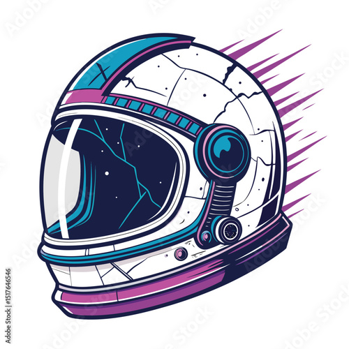 Render a highly detailed image of a damaged astronaut helmet, showcasing glitching digital data streams across its cracked visor and surface.