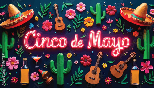 Colorful Cinco de Mayo celebration with neon text, guitars, cacti, tequila, and festive elements.