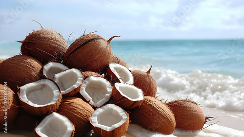 Pile Of Fresh Coconuts On Tropical Beach