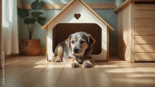 Dog relaxing inside cozy pet house for comfort and happiness