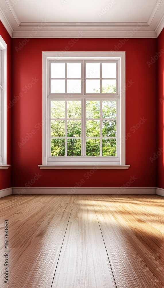 Fototapeta premium Vibrant Empty Red Room with Long Shadows on Maple Hardwood Floor and Daylight Through White Windows
