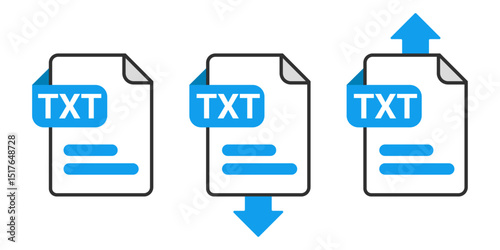 TXT File Download and Upload Icon Set with Blue Arrow Symbol on Transparent Background for Document Transfer, Data Sharing and Text File Exchange Vector Illustration