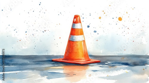 A bright orange traffic cone stands on a wet road, painted in a watercolor style with splashes in the background.