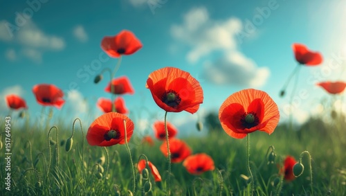 Vivid red poppy blossom in a garden illuminated by summer sunlight