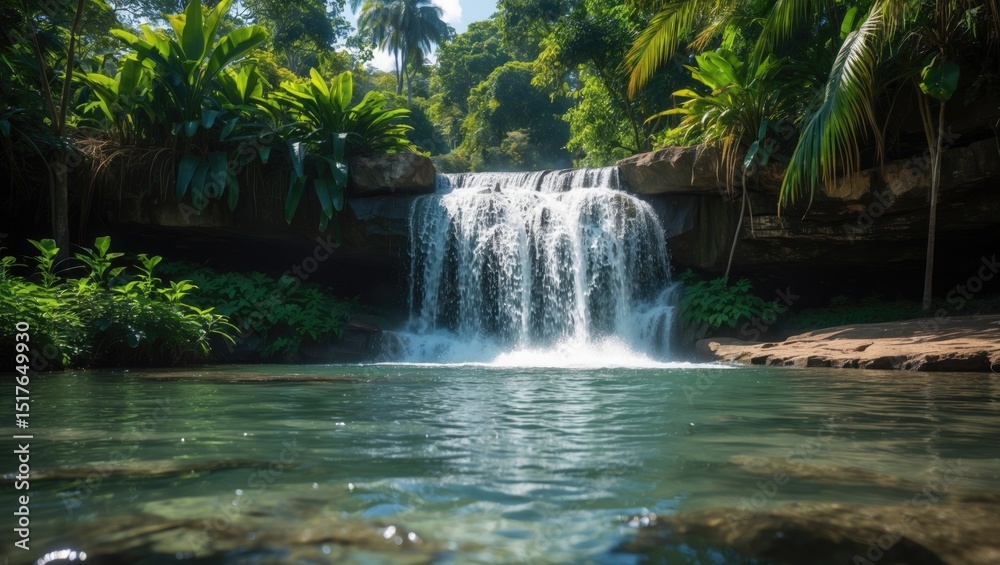 Naklejka premium Lush Southeast Asian forests with water and mountain scenery in Indonesia