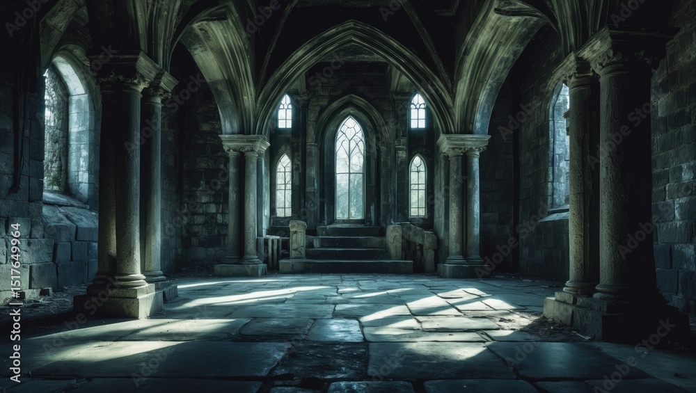 Fototapeta premium Ancient castle interior illuminated by golden sunlight with dramatic shadows