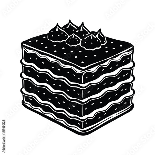 Elegant black and white layered cake dessert with decorative icing illustration