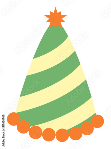 Green and Cream Striped Party Hat with Star and Orange Pom-Poms