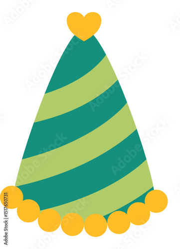 Green Striped Party Hat with Heart and Pom-Poms