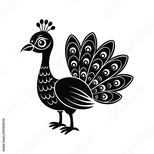 Elegant black and white peacock illustration depicting beauty and decorative design elements