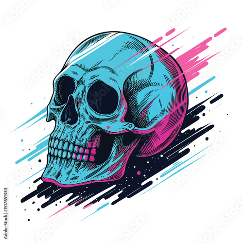 Generate a vibrant image of a cyan holographic skull, intricately detailed, floating amidst a glitching, distorted digital space.  Emphasis on the holographic effect and the glitch art background.