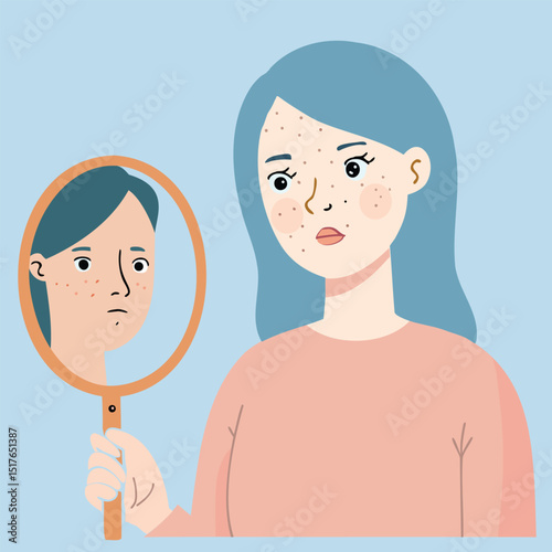 A woman looks in the mirror and sees acne on her face.