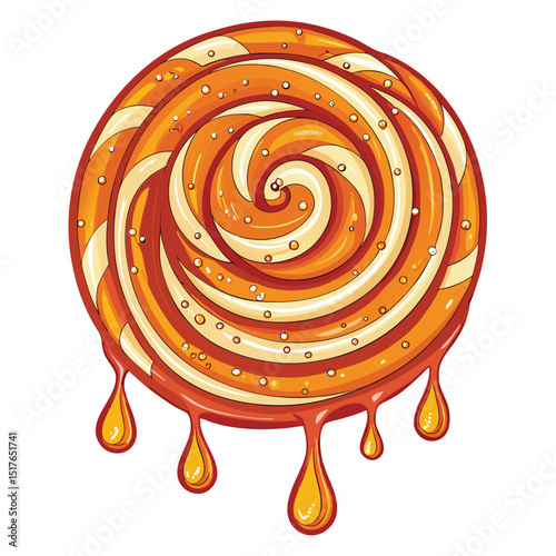 Close-up of a golden-brown jalebi, intricately swirled, glistening with a rich orange syrup, exhibiting texture and dripping syrup.