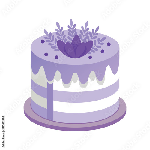 Elegant purple layered cake decorated with floral elements suitable for celebrations and festivities