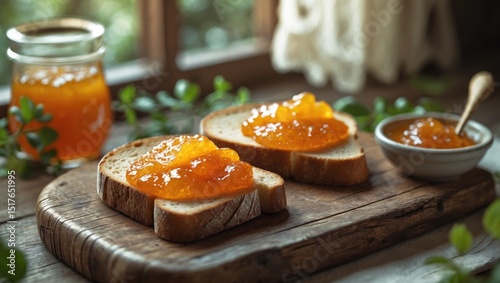 Wallpaper Mural Homemade bread topped with delicious apricot jam on a wooden board Torontodigital.ca