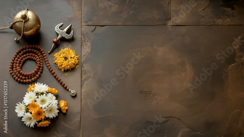 Mahadev (Lord Shiva) , HIndu Spiritual items arranged on brown stone floor