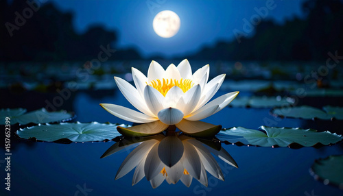 White lotus flower blooming under full moon on calm water at night.
