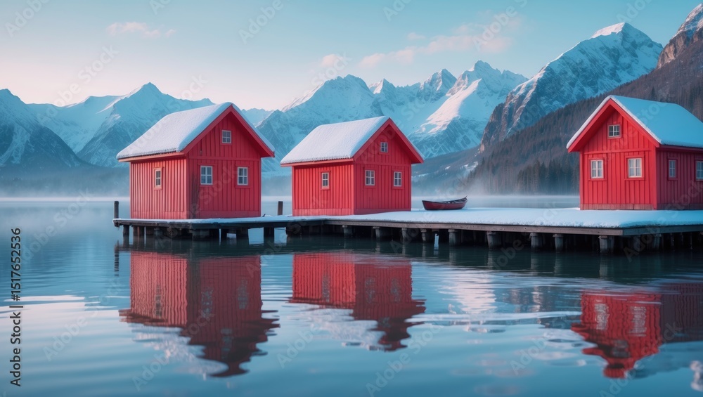 Fototapeta premium Cozy Red Lodges by the Tranquil Fjord Offering a Romantic Wilderness Retreat