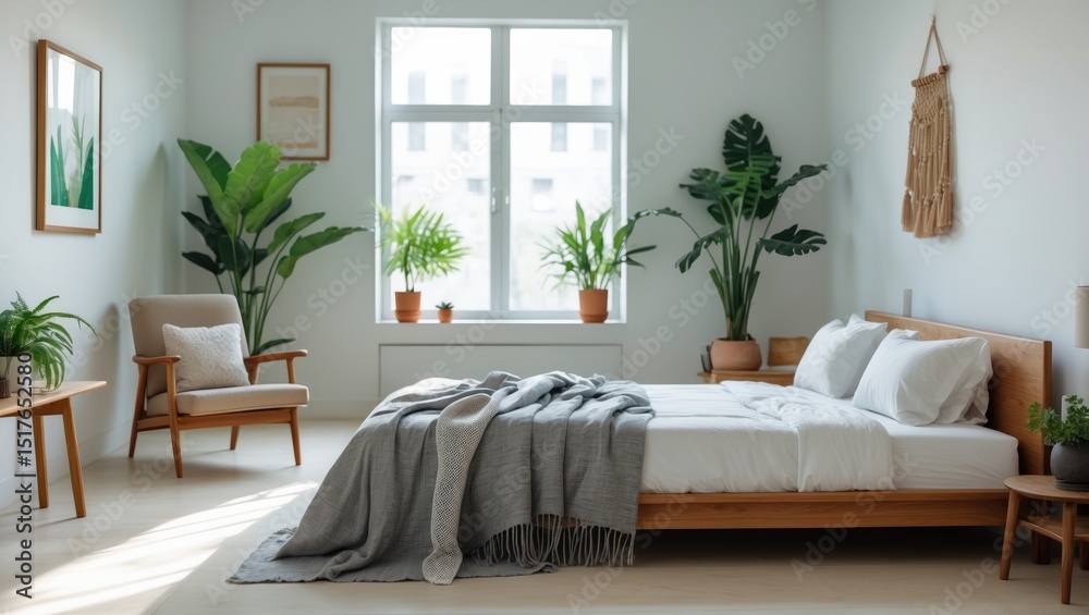 Fototapeta premium Chic bedroom featuring fresh potted plants, handcrafted posters, and a wooden bed with a grey coverlet